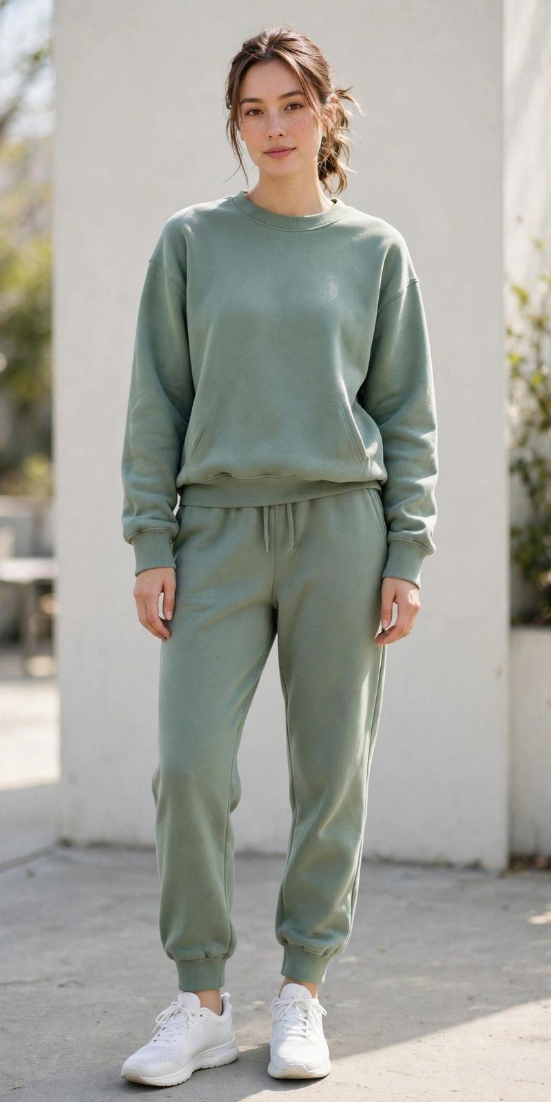 Woman in a sage green sweatshirt and jogger set
