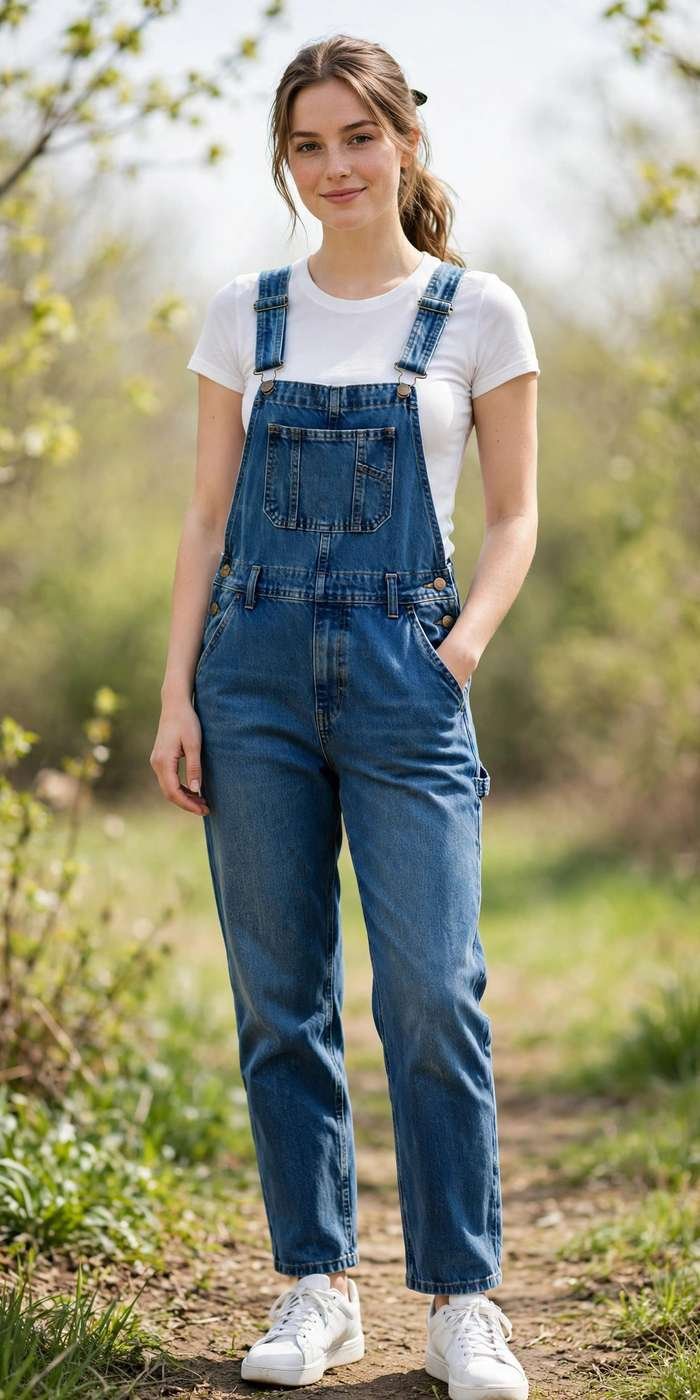 Woman in denim overalls with a fitted white tee