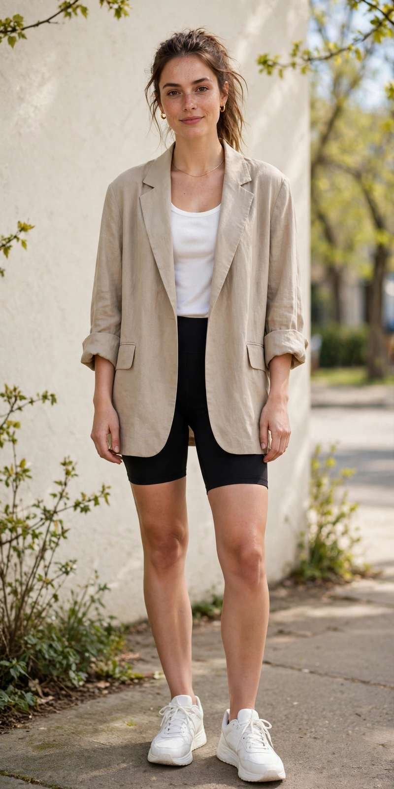 Woman in an oversized blazer with bike shorts and sneakers