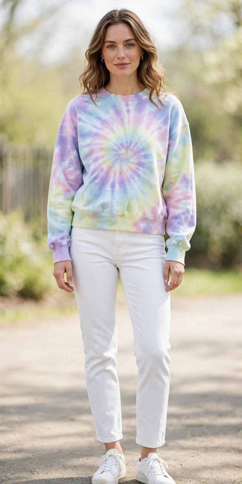 Woman in a tie-dye sweatshirt with white jeans