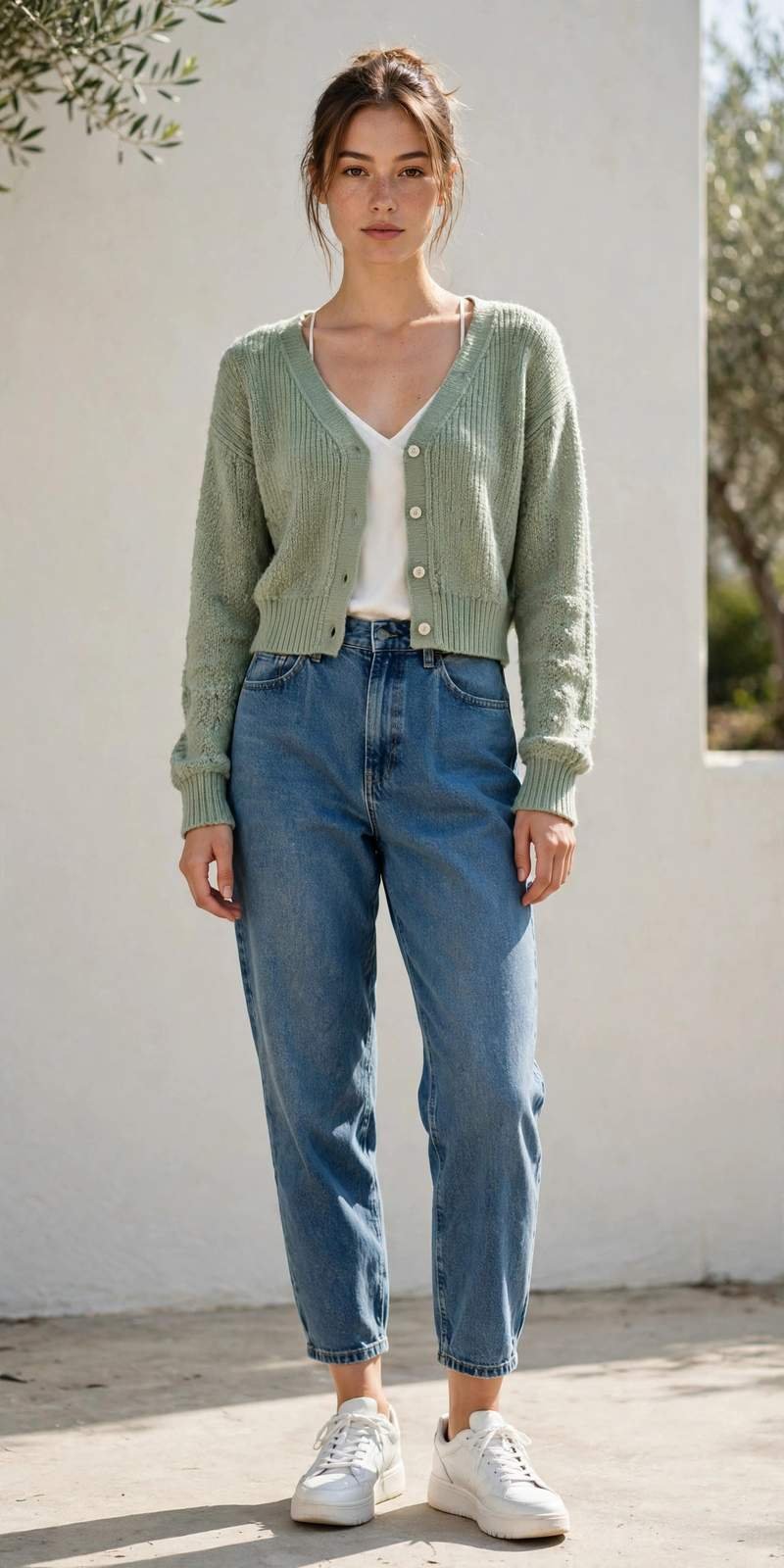 Woman in a cropped cardigan and mom jeans