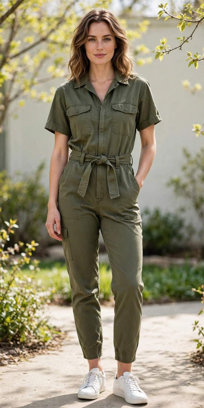 Woman in an olive utility jumpsuit