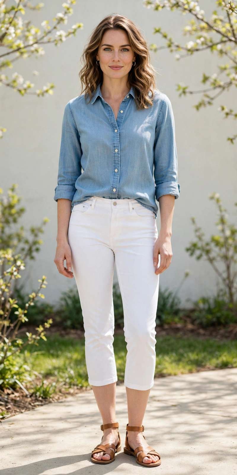 Woman in a chambray top and white capri pants