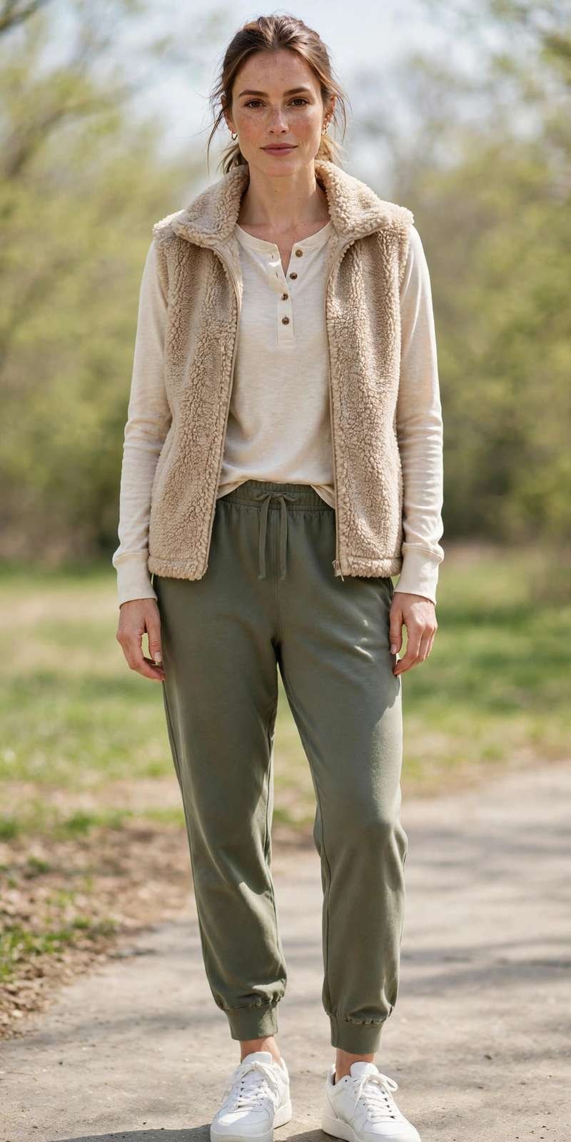 Woman in a fleece vest, henley and joggers