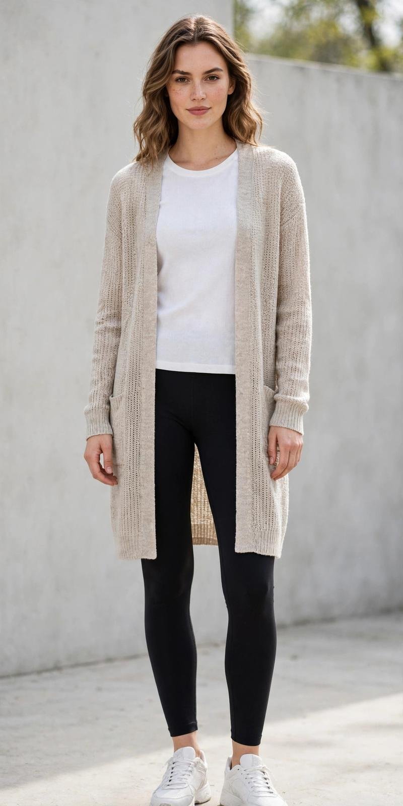 Woman in leggings with a longline cardigan