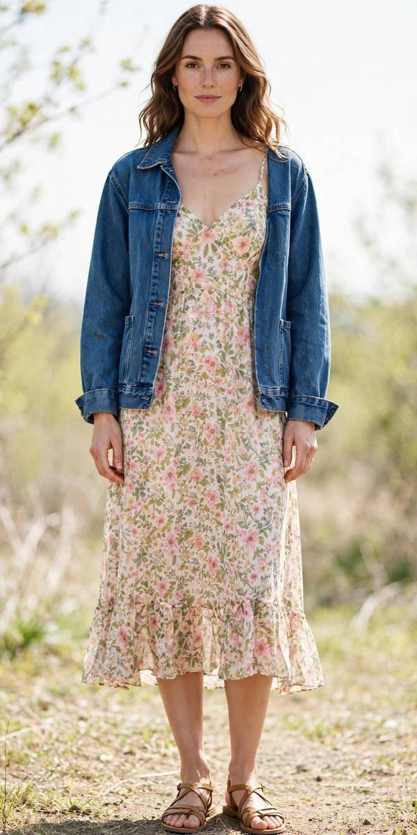 Woman in a denim jacket layered over a floral sundress