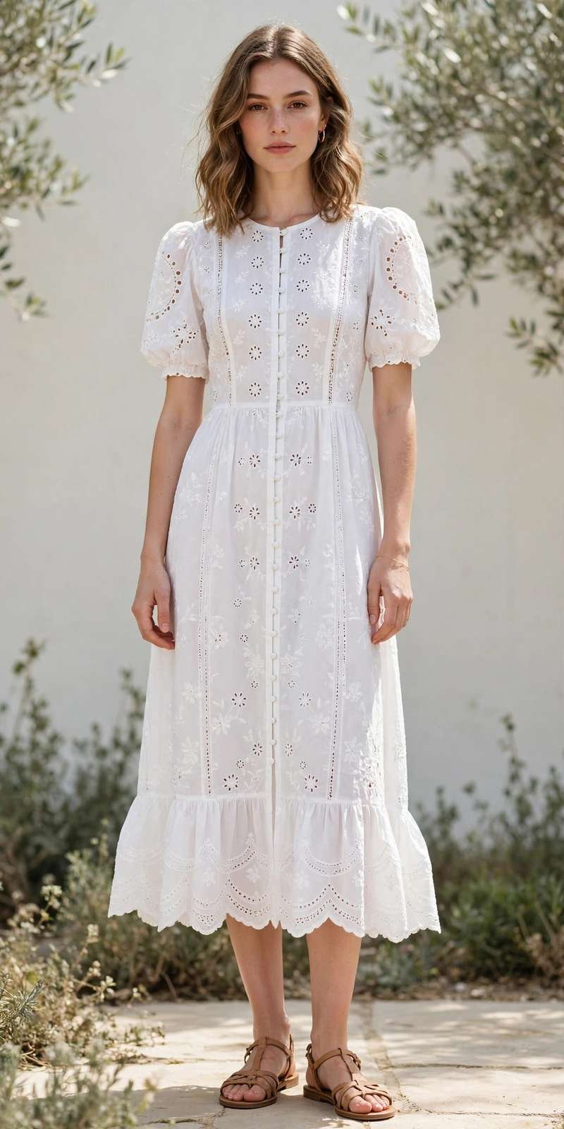 Woman in a white broderie anglaise dress