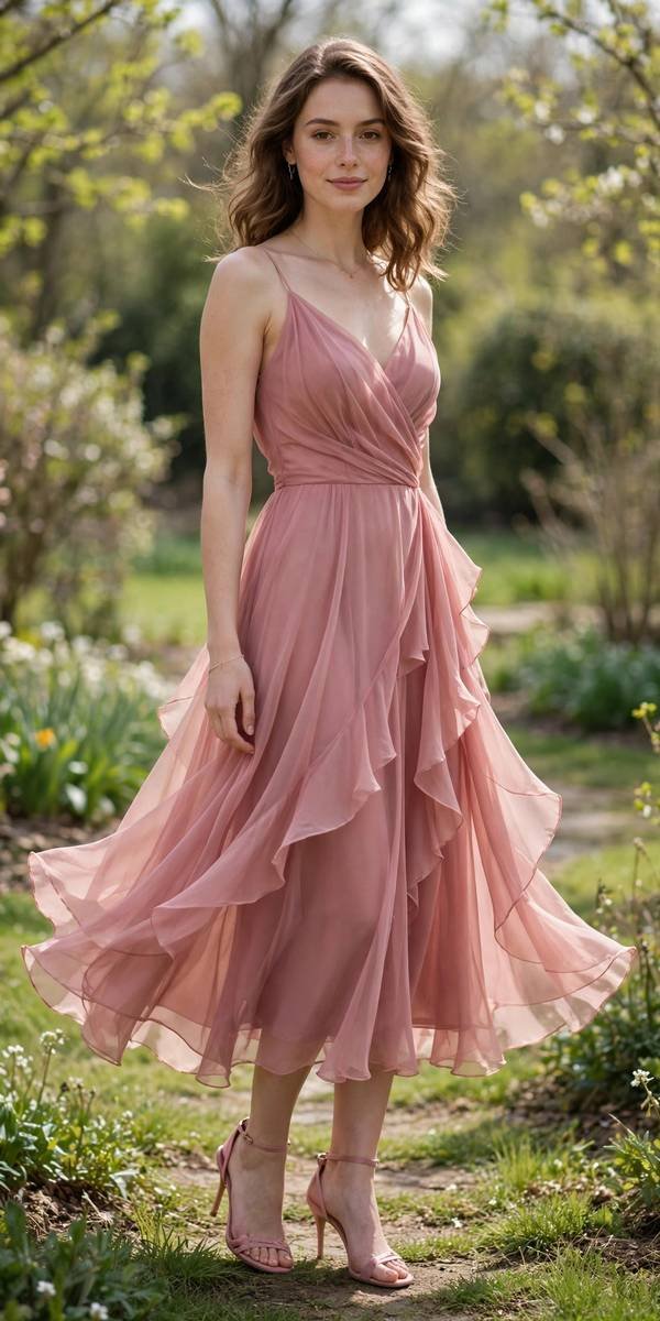 Woman in a dusty rose chiffon dress