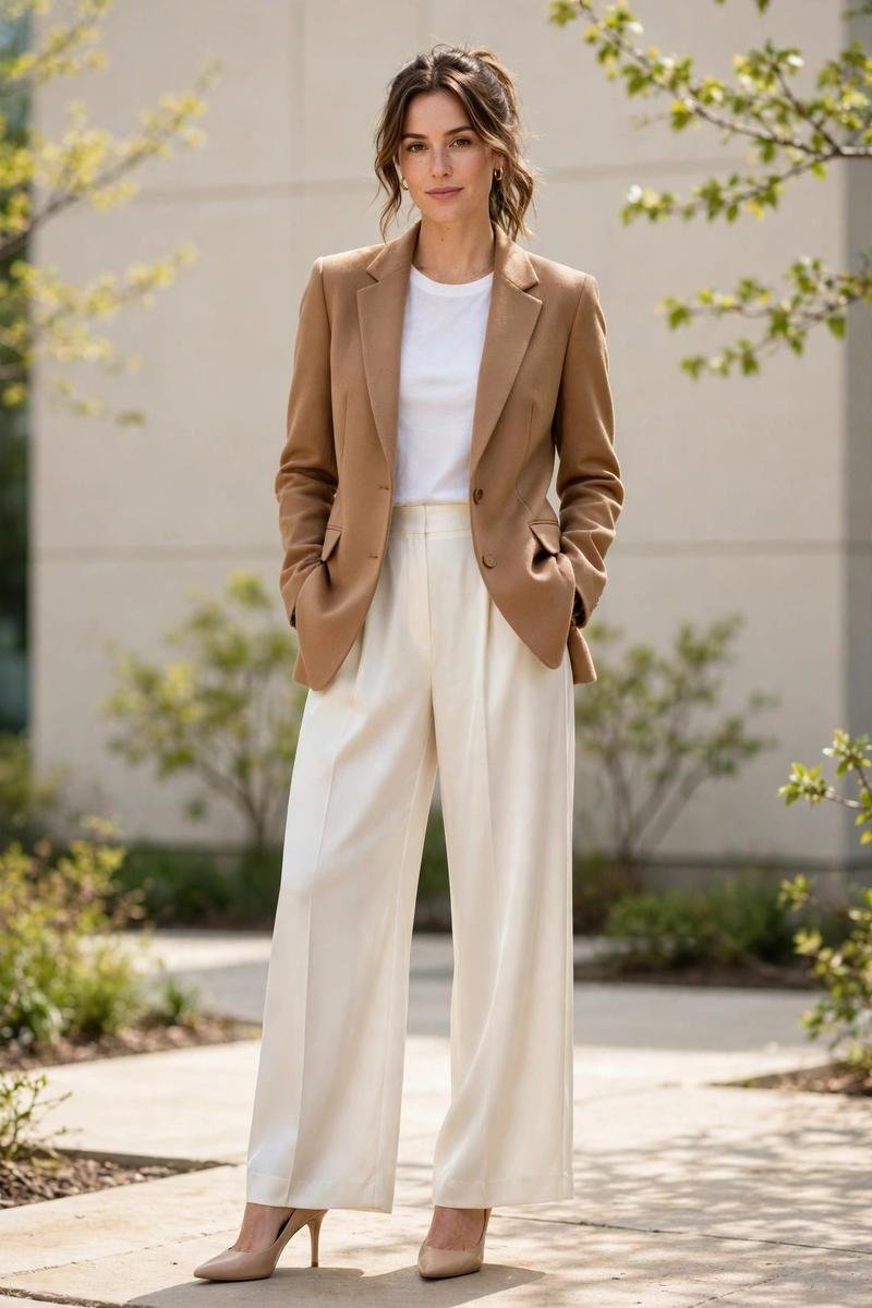 Woman in a camel blazer with ivory silk trousers