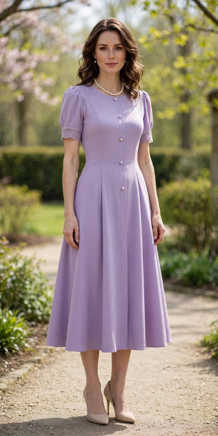 Woman in a lavender tea-length dress with pearl accessories