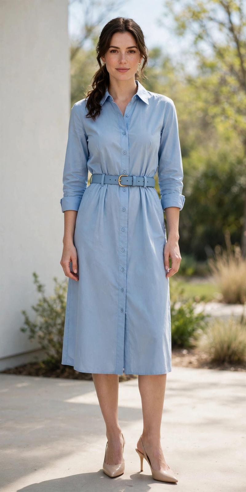 Woman in a powder blue belted shirt dress