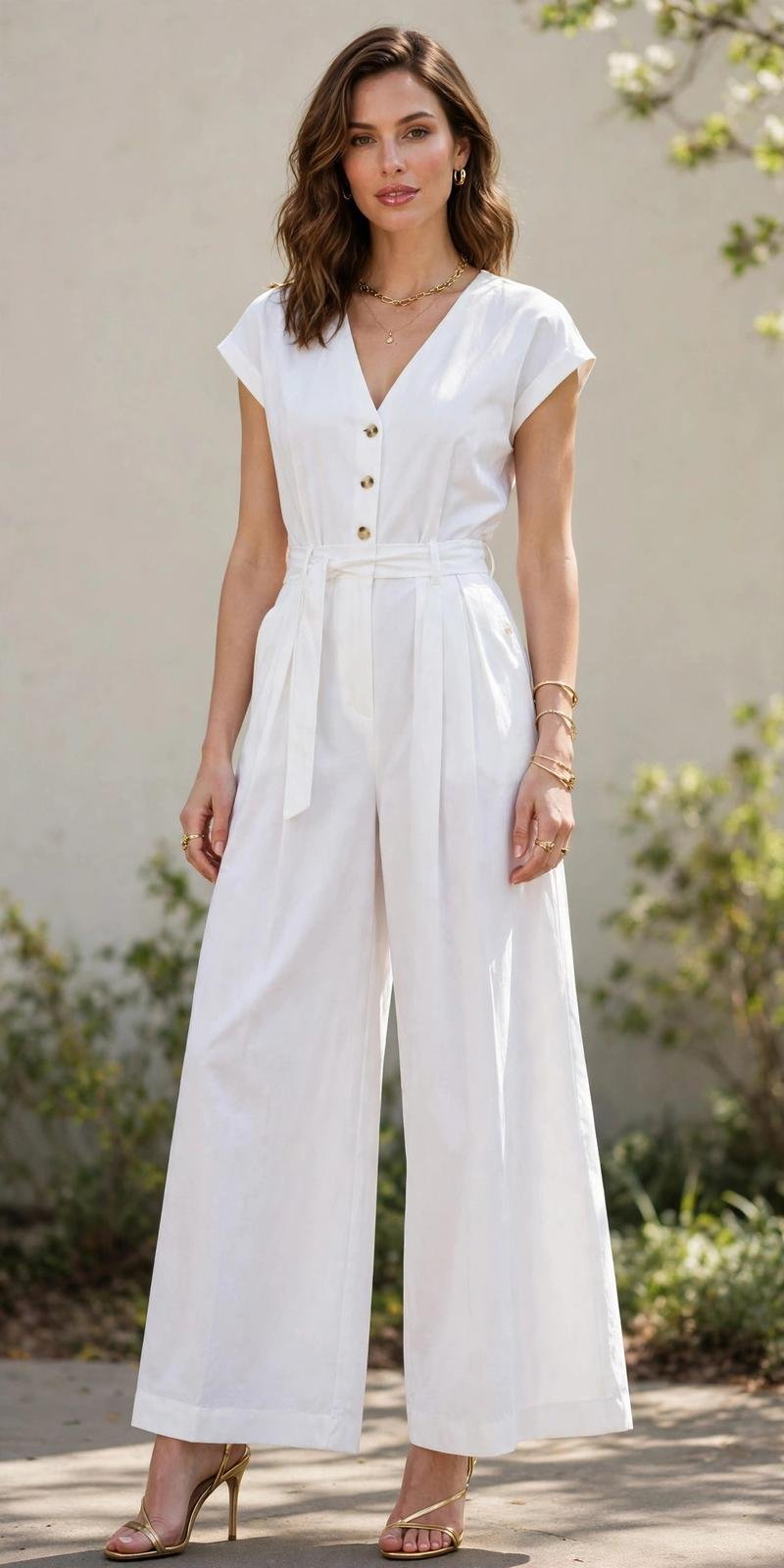 Woman in a white wide-leg jumpsuit with gold jewelry