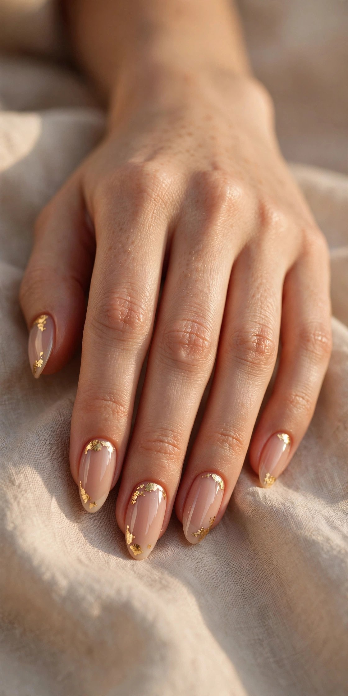 Nude almond nails with gold foil accents