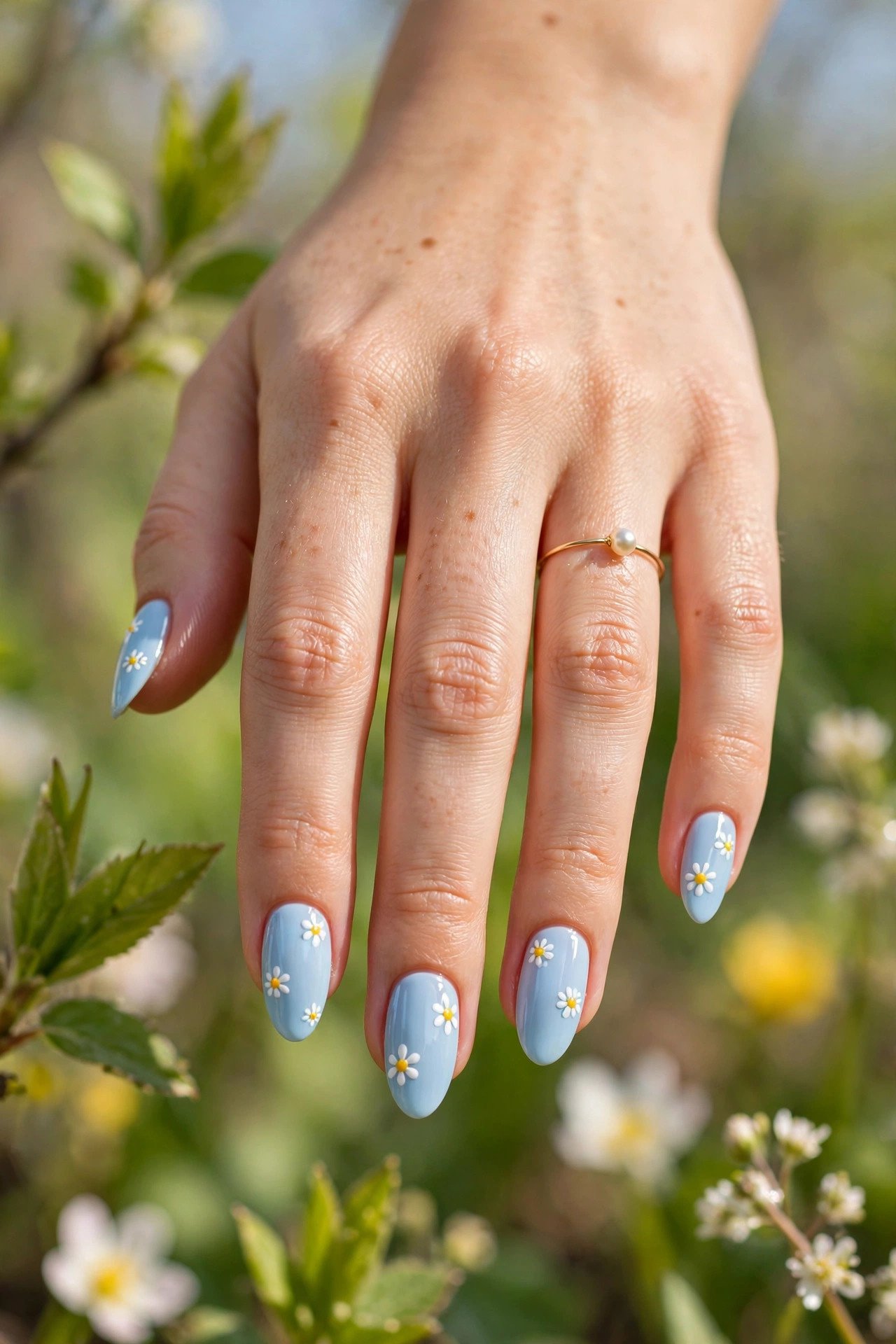 Baby blue almond nails with daisy nail art
