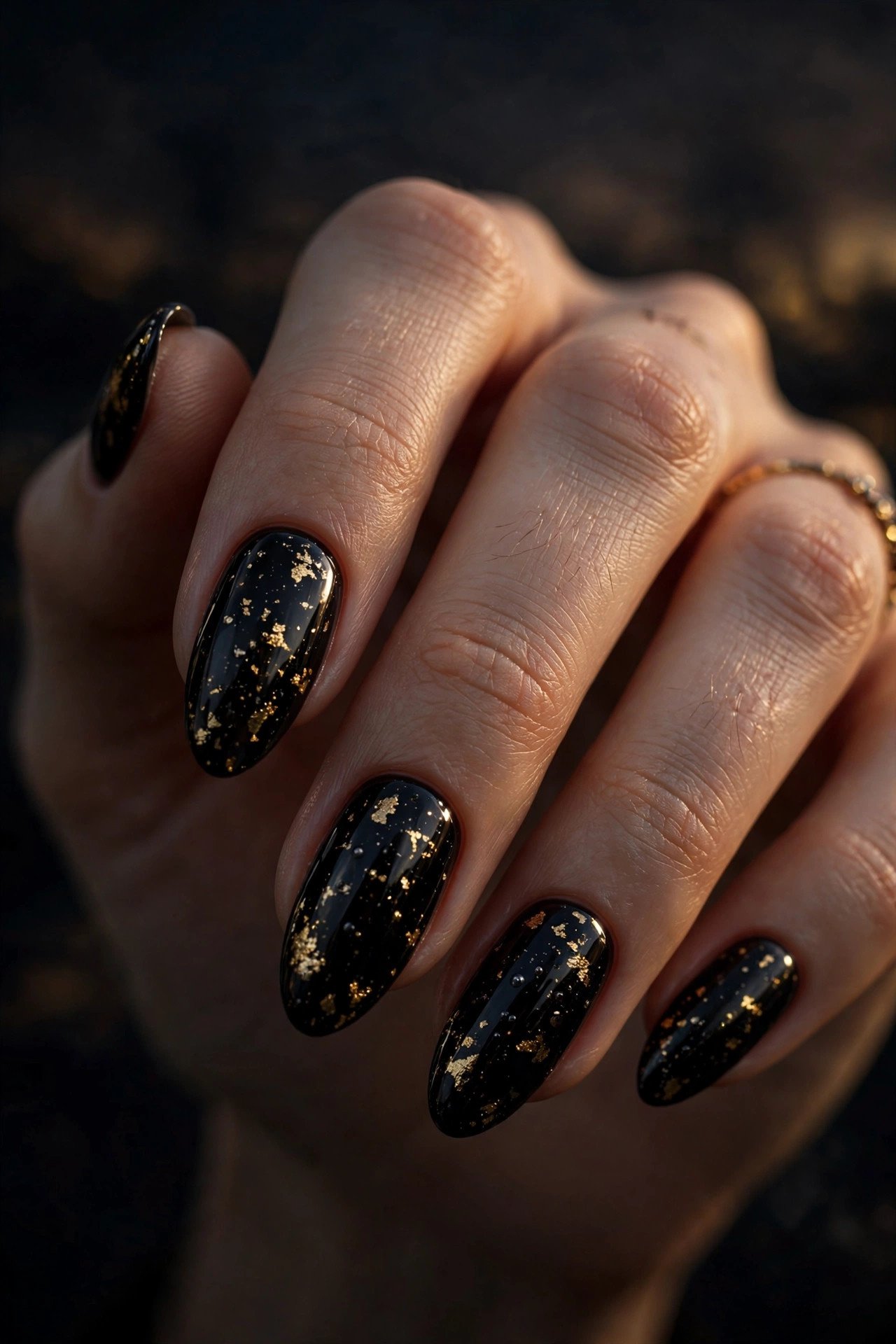 Black almond nails with gold flakes