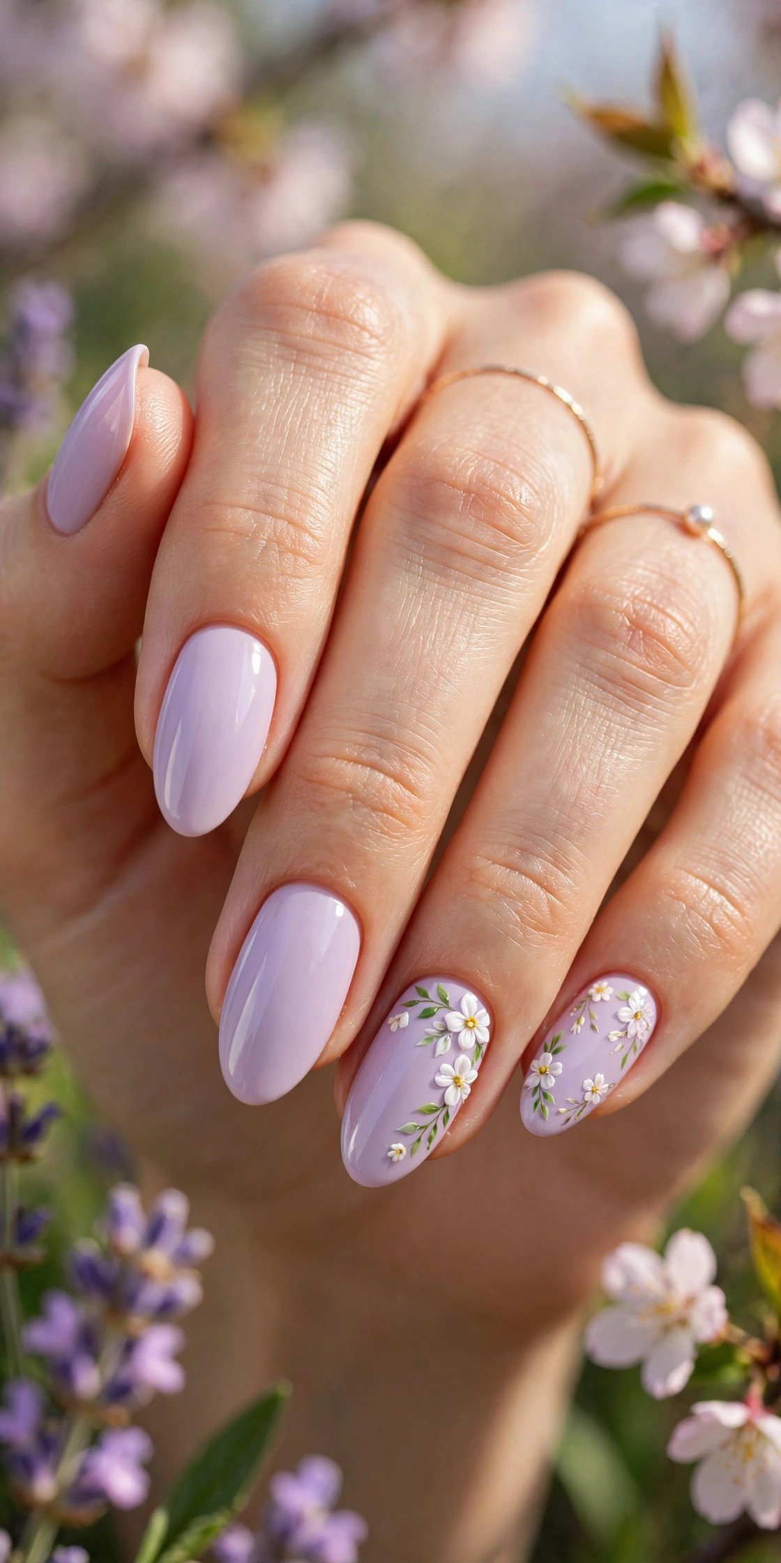 Lavender almond nails with floral details