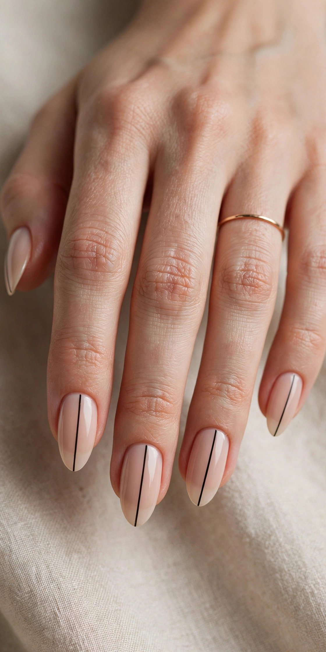 Nude almond nails with minimalist line art