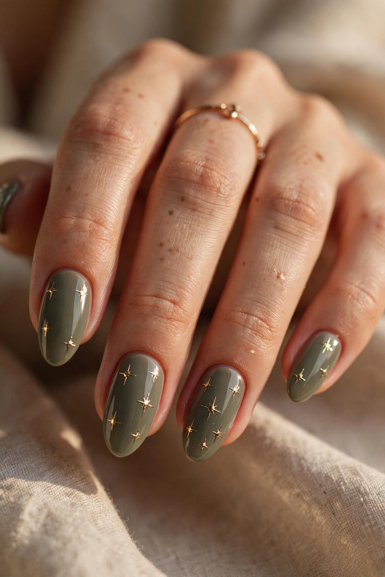Olive green almond nails with gold stars