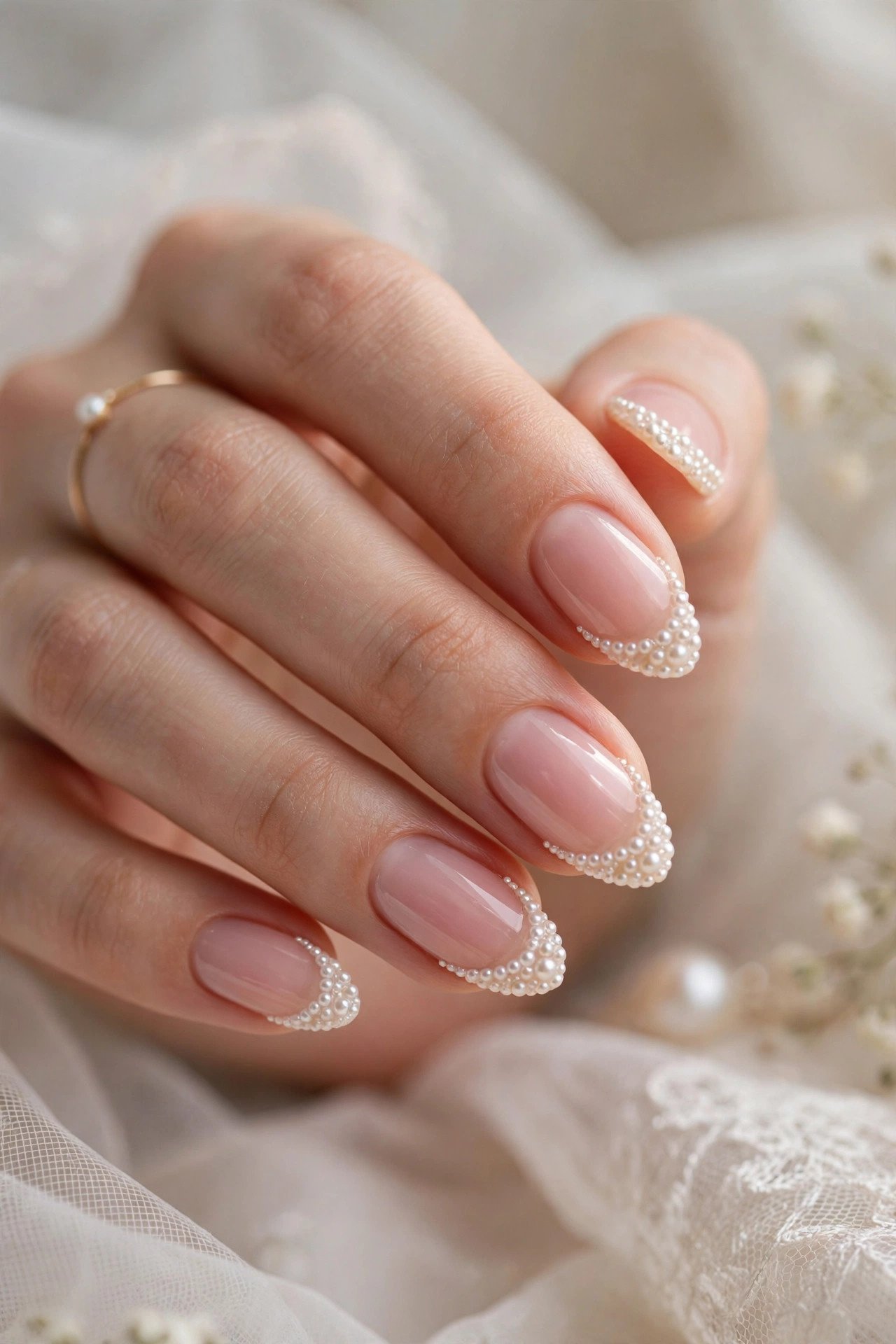 Blush pink almond nails with pearl tips