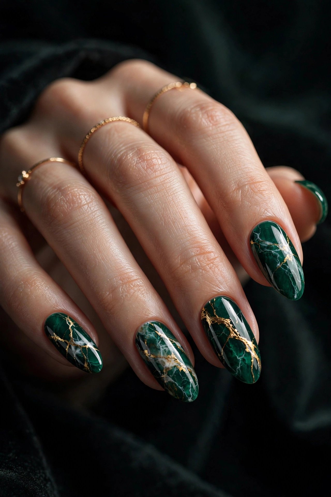 Emerald green marble almond nails