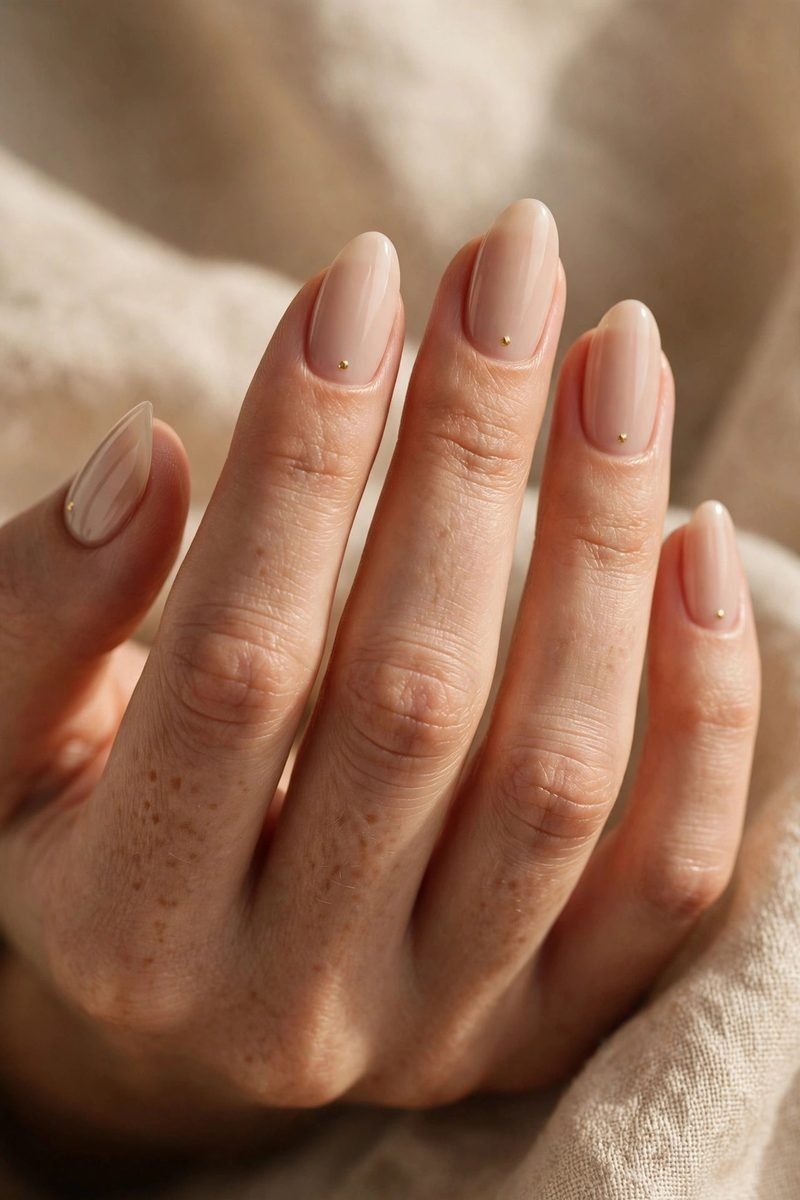 Nude almond nails with a single dot