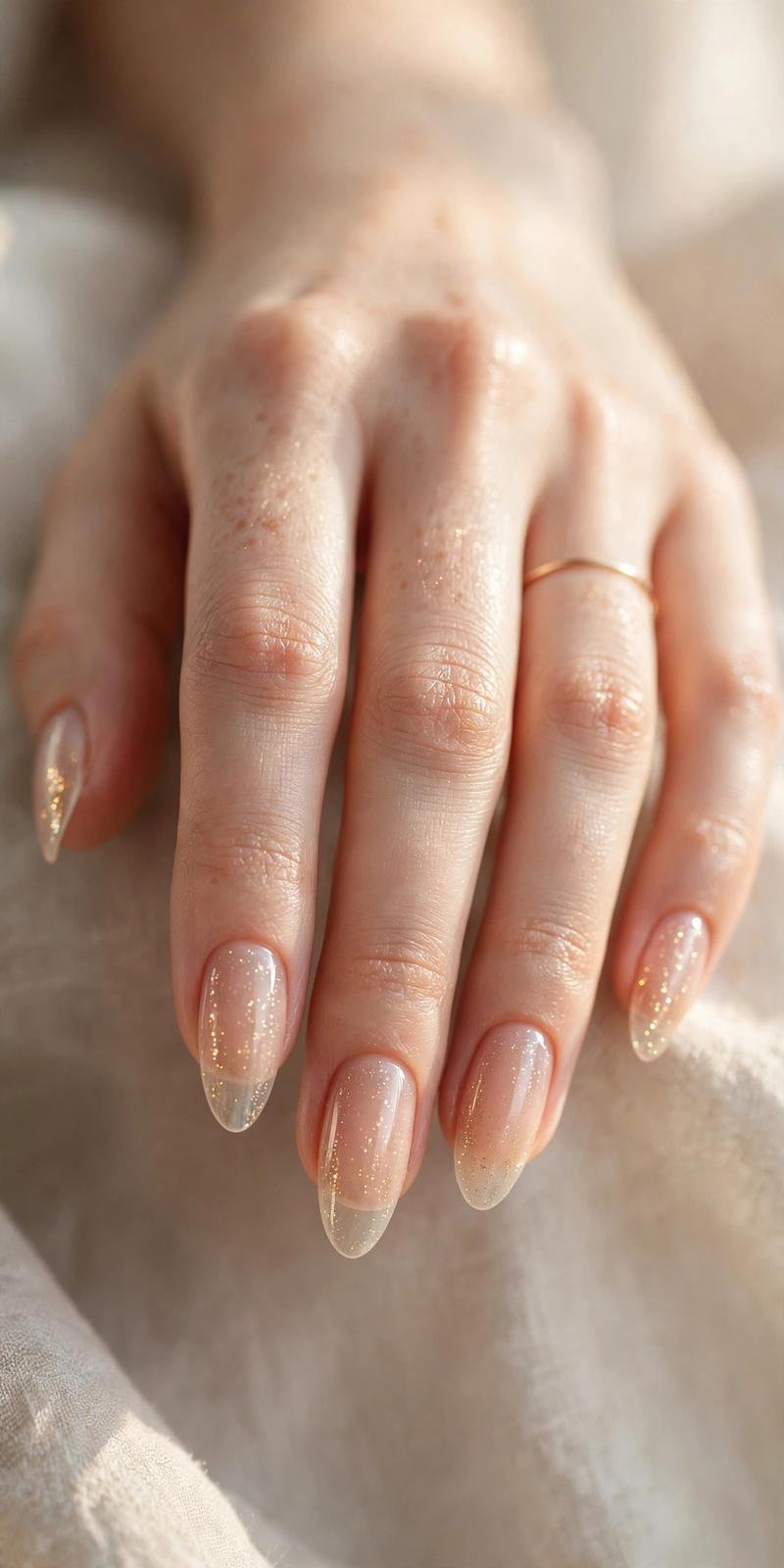 Sheer almond nails with fine glitter