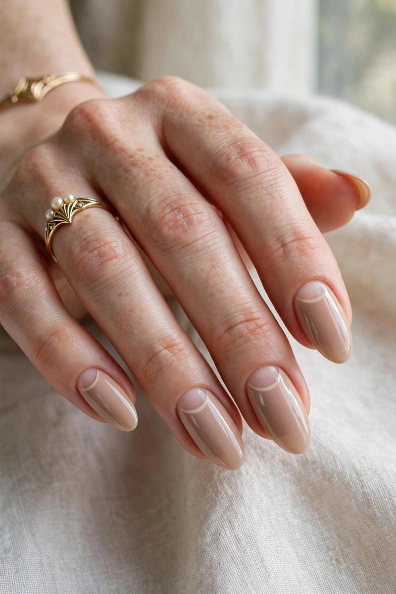 Half-moon manicure on almond nails