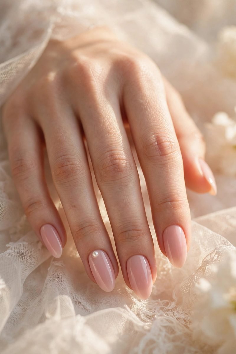 Blush almond nails with a pearl accent