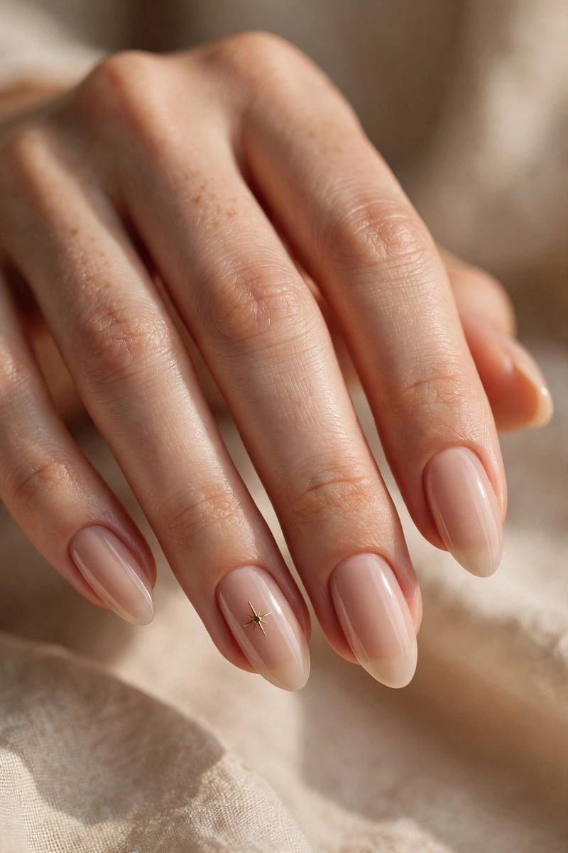 Nude almond nails with a gold star