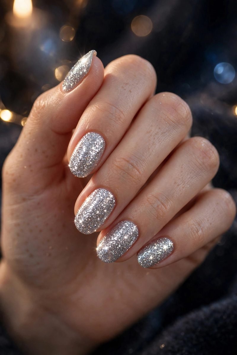 Silver glitter almond nails for a party