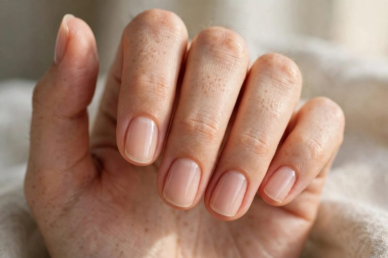 Sheer nude almond nails for a job interview