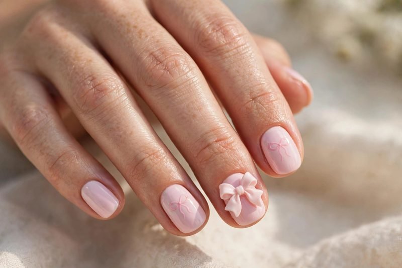Soft pink almond nails with bows for a baby shower