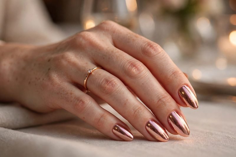 Rose gold chrome almond nails for an anniversary