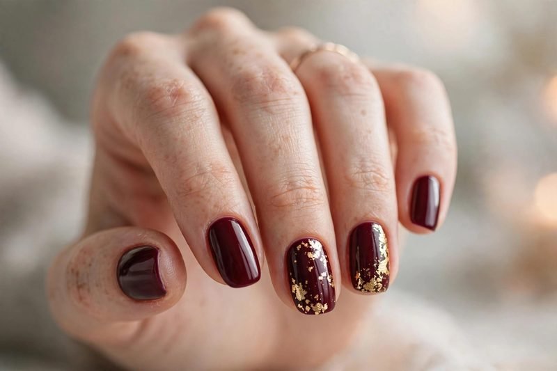Burgundy almond nails with gold foil for a cocktail party