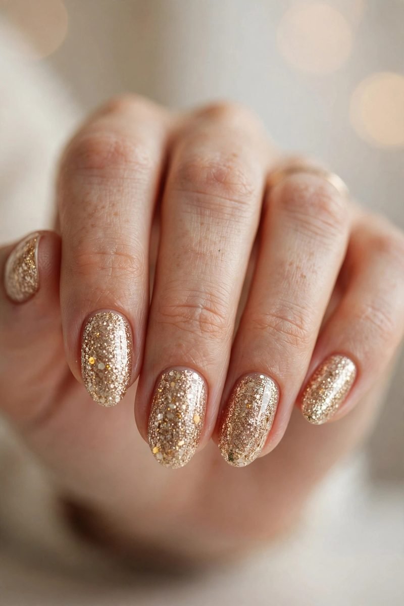 Champagne glitter almond nails for New Year's Eve
