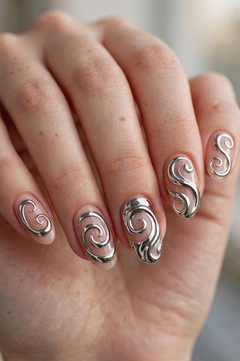 3D chrome swirl nail design