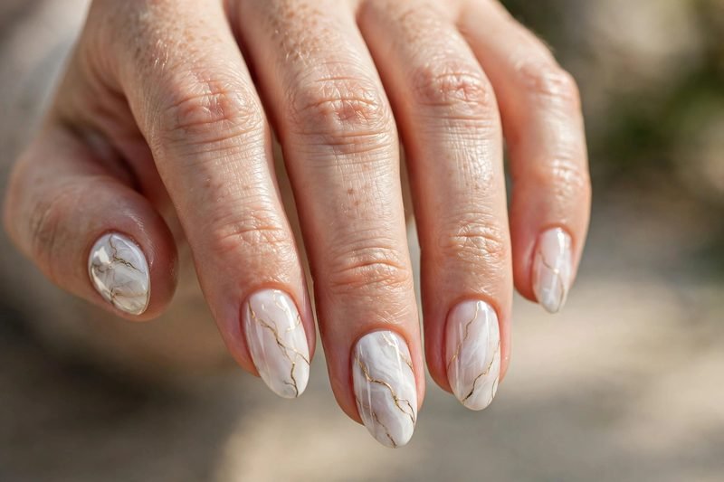 Marble nail design with gold veins