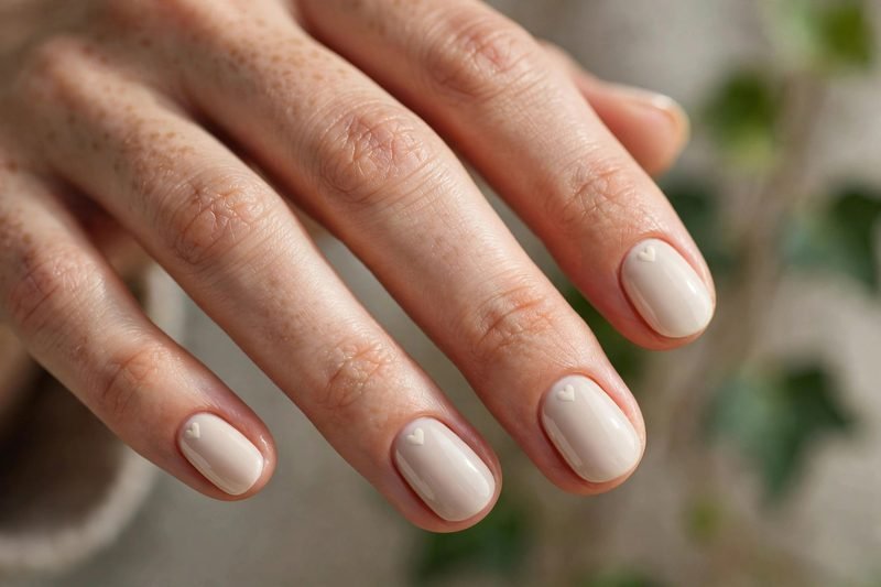 Ivory heart minimalist nail design