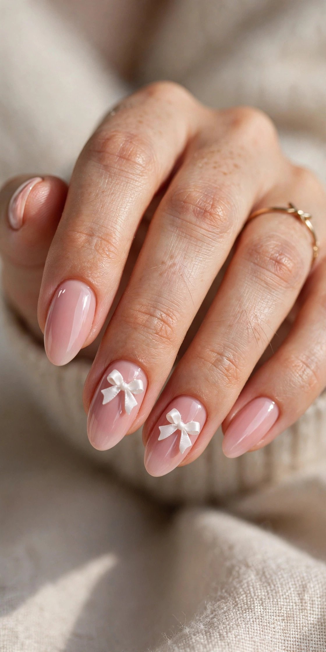 Pink nails with delicate bow nail art details
