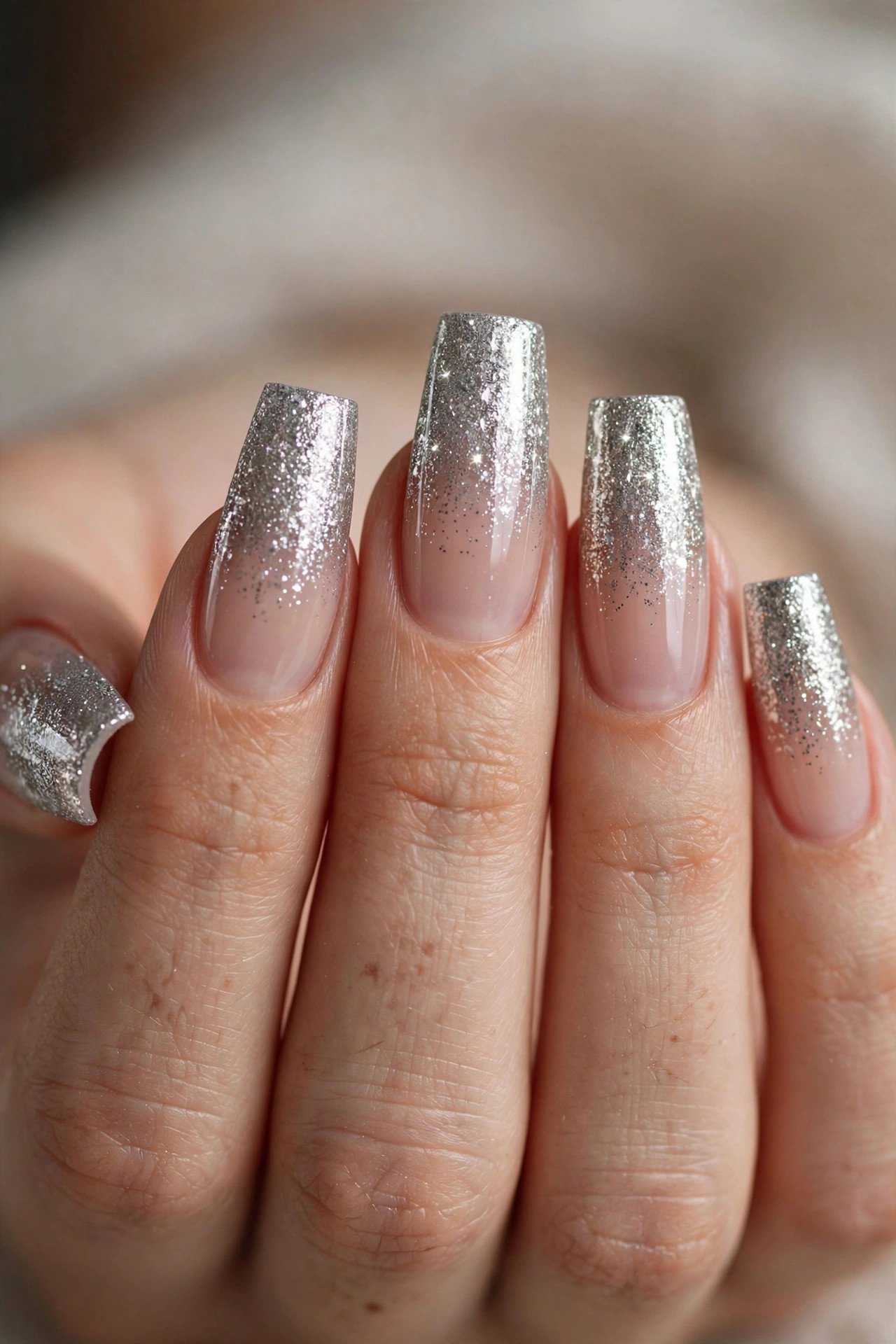 Silver glitter ombre nails fading from cuticle to tip