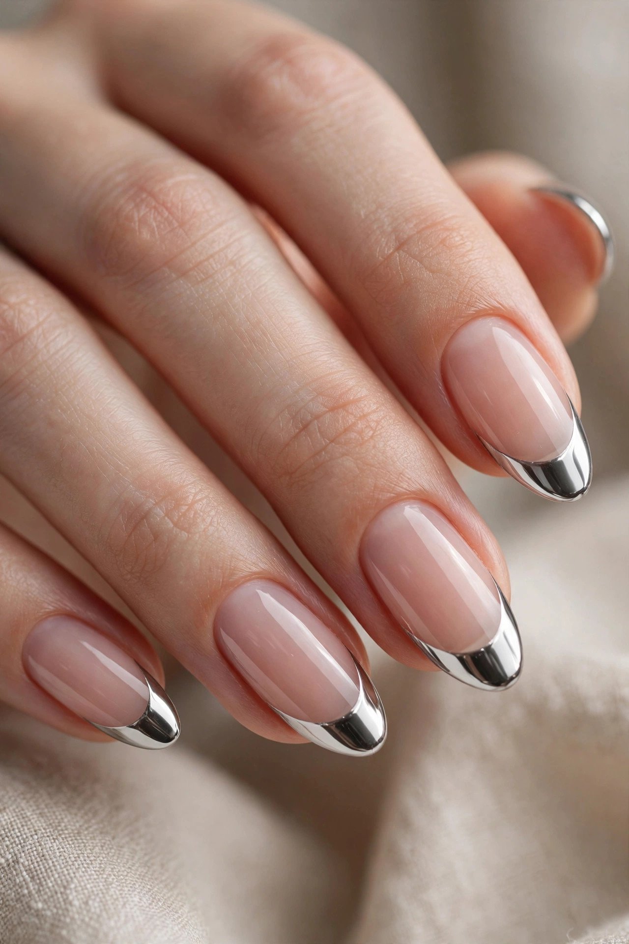 Chrome French tip nails with metallic silver tips
