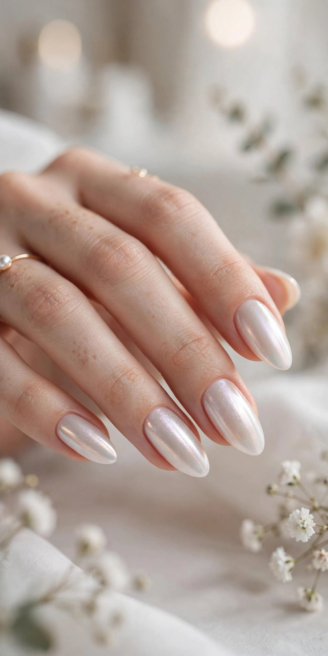 Bridal pearl shimmer nails with iridescent glow