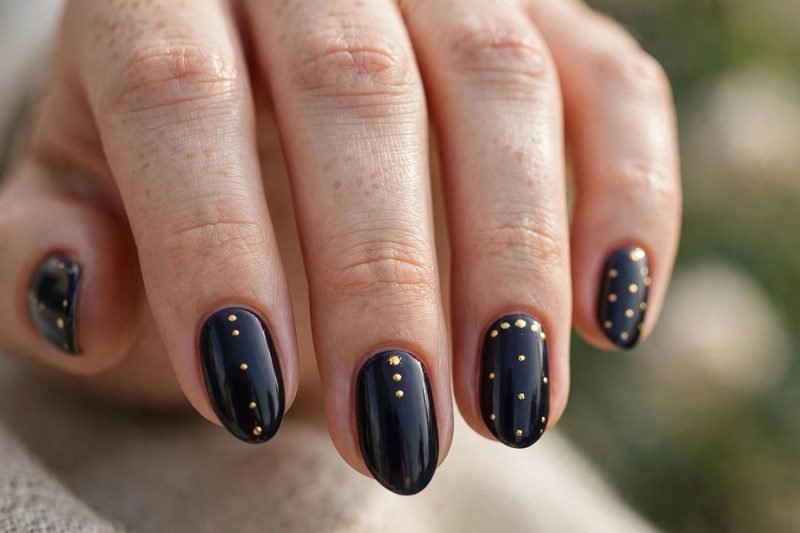 Gold polka dots on deep dark nail base