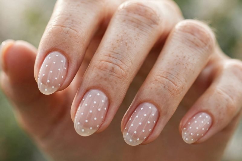 White polka dots on sheer nude nails