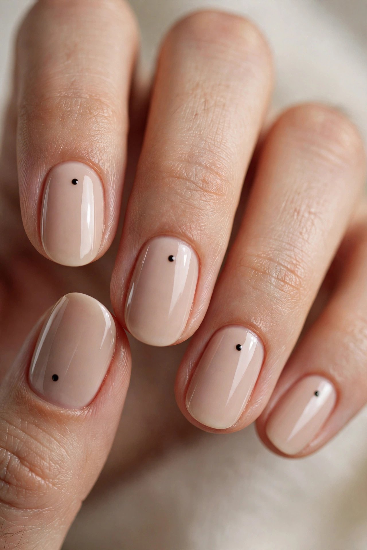 One dot per nail on nude minimalist polka dots
