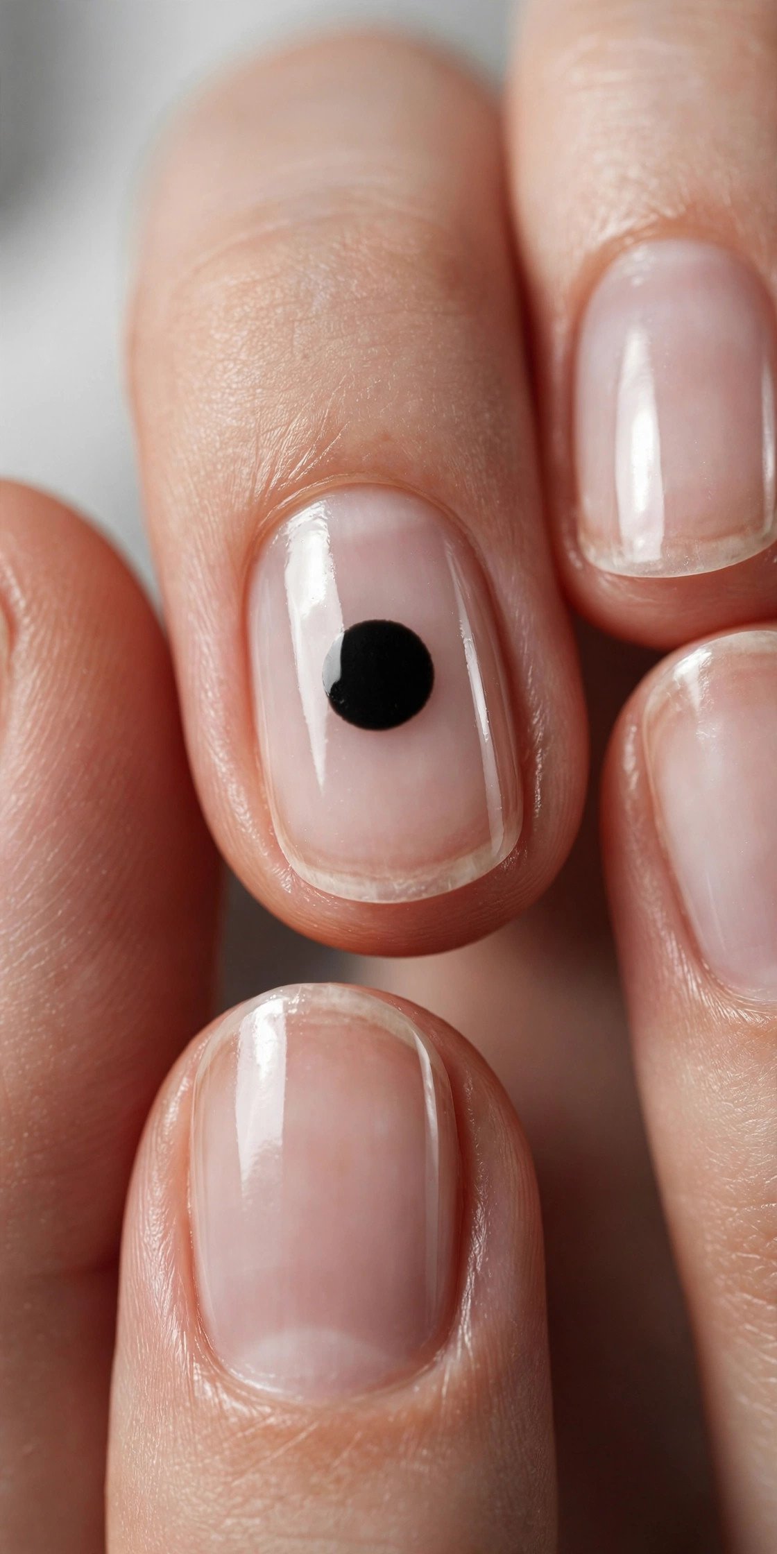 Single black dot on clear natural nails