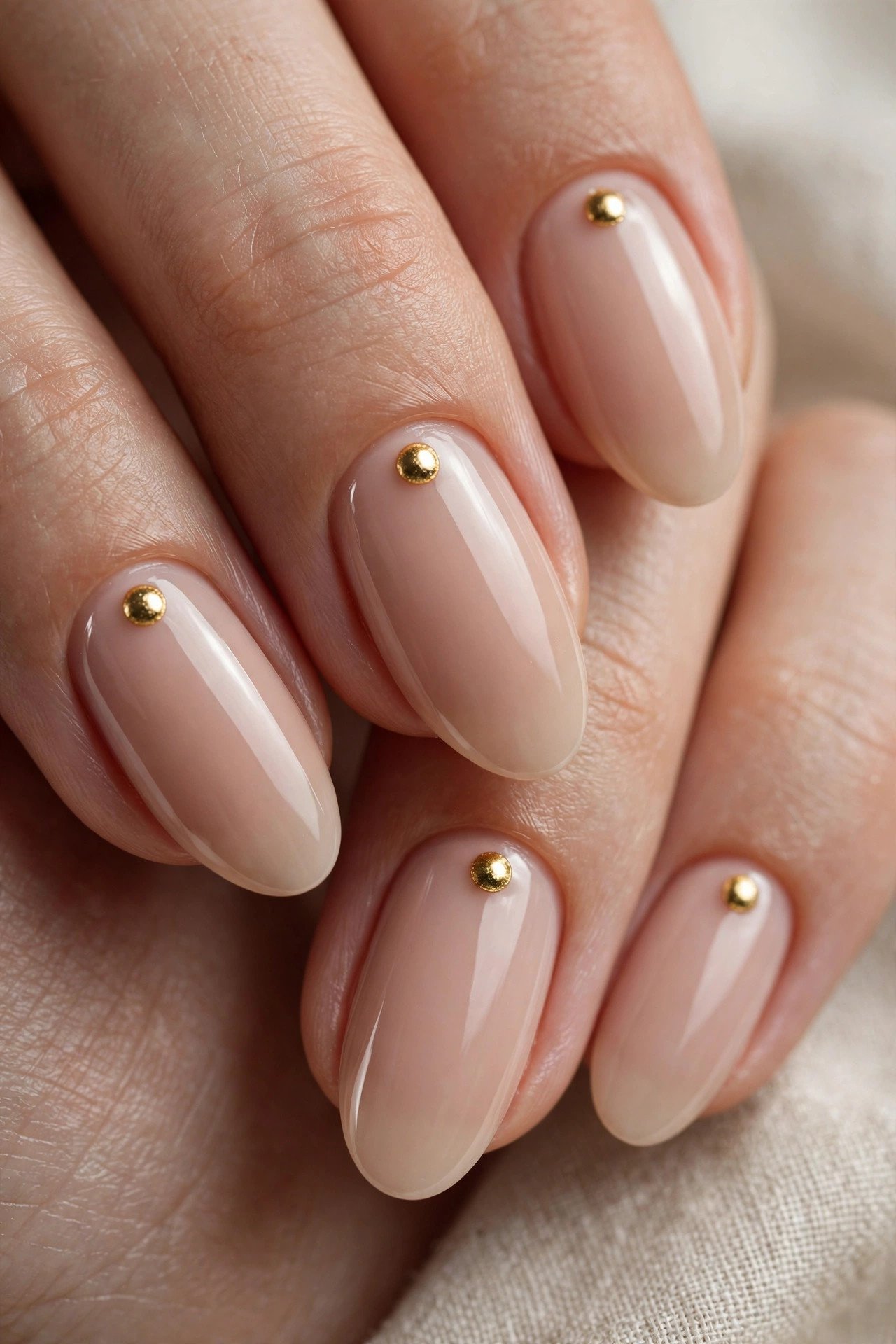 One gold dot per nail minimalist design