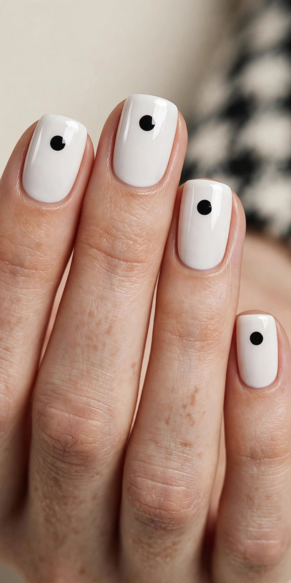 Black dot on short white nails minimalist