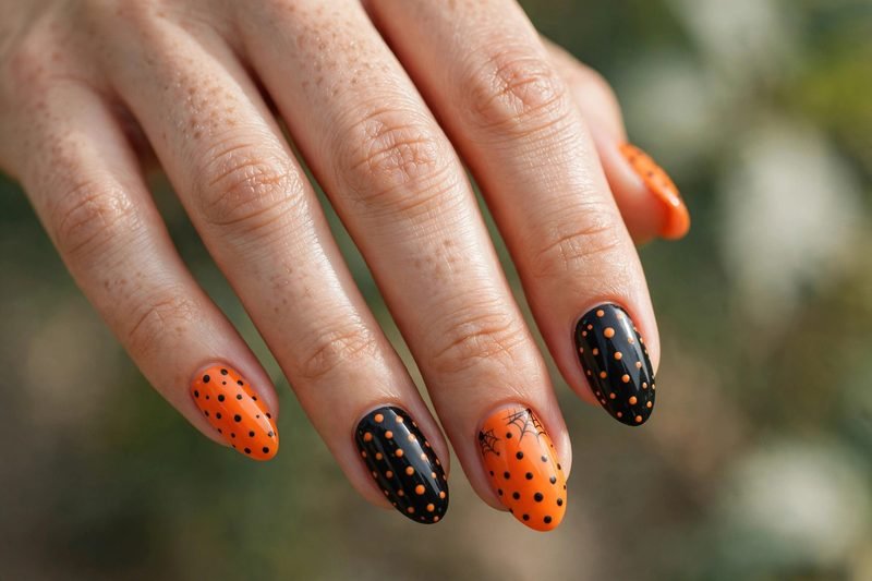 Orange and black Halloween polka dot nails