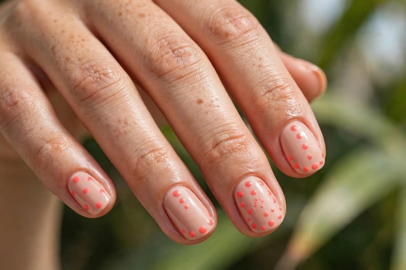 Coral dot nails for vacation
